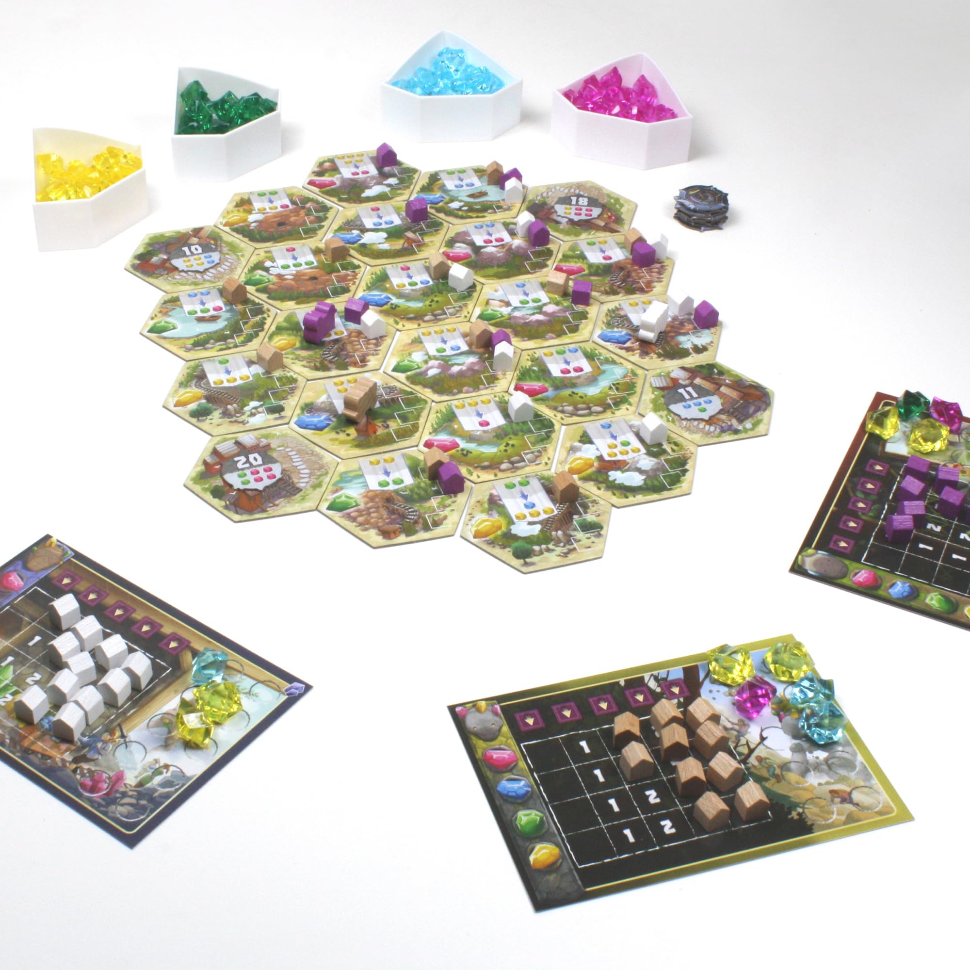 Asmodee Century Golem Edition: Eastern Mountains card deck highlights crystal trading themes.