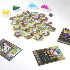 Asmodee Century Golem Edition: Eastern Mountains card deck highlights crystal trading themes.