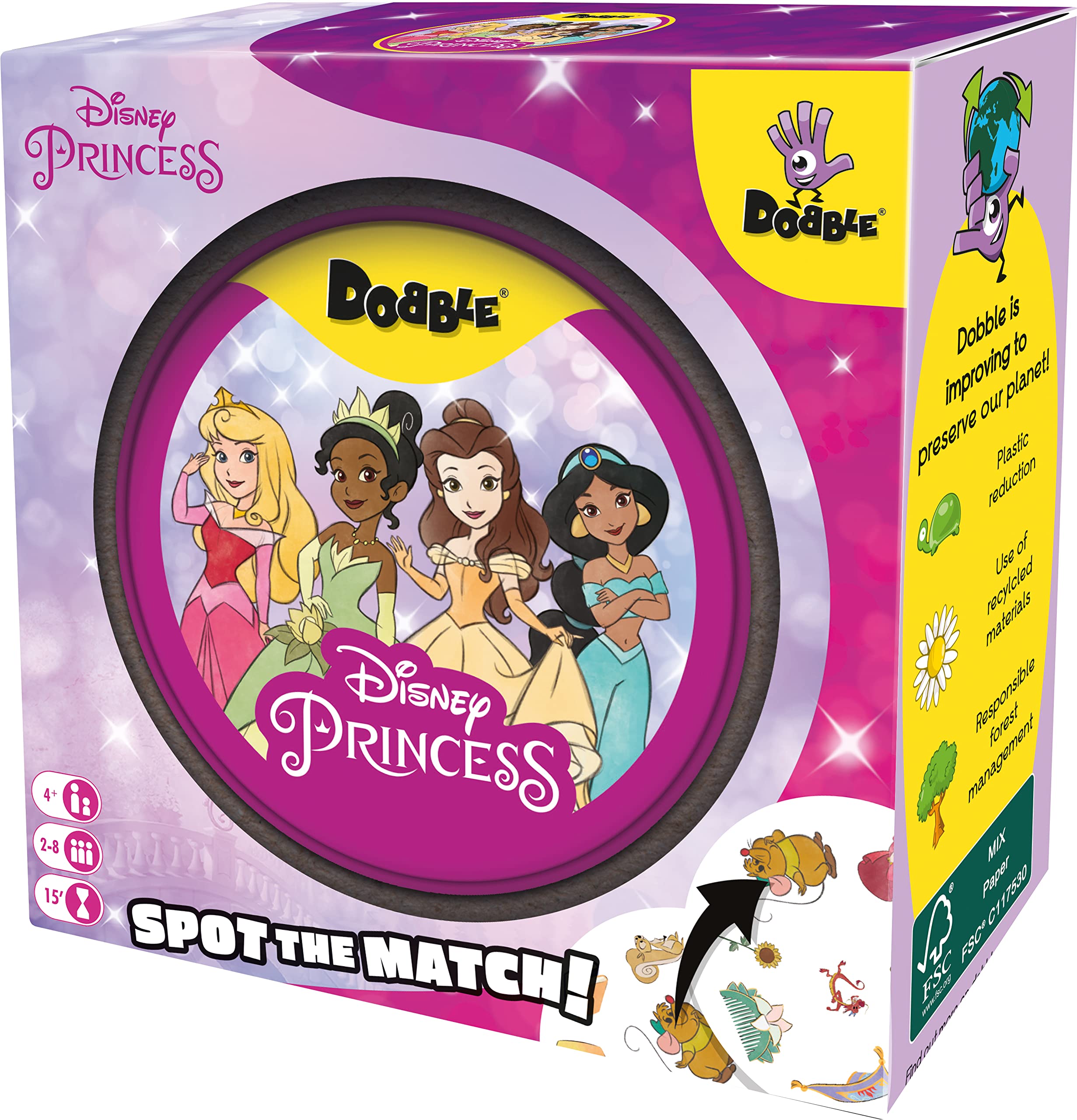 Asmodee Dobble Disney Princess cards vary in sizes to challenge observation.