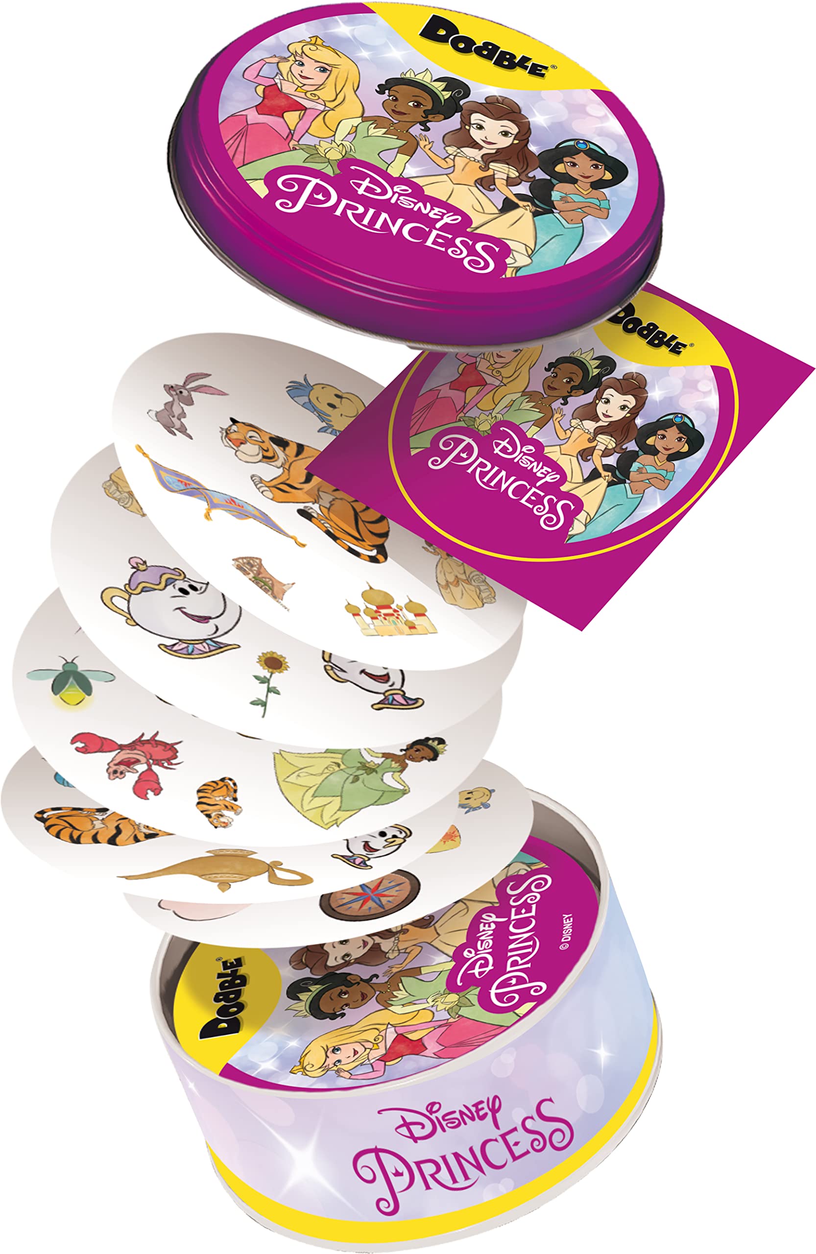 Asmodee Dobble Disney Princess tin box, travel-ready for quick, portable play.