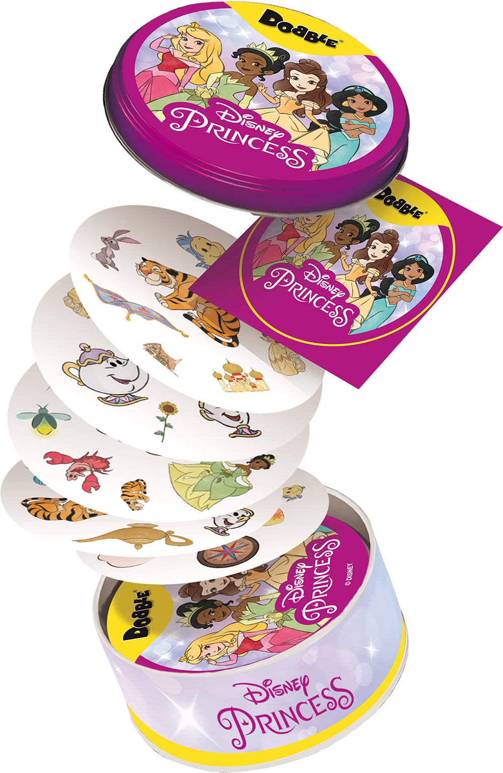 Asmodee Dobble Disney Princess tin box, travel-ready for quick, portable play.