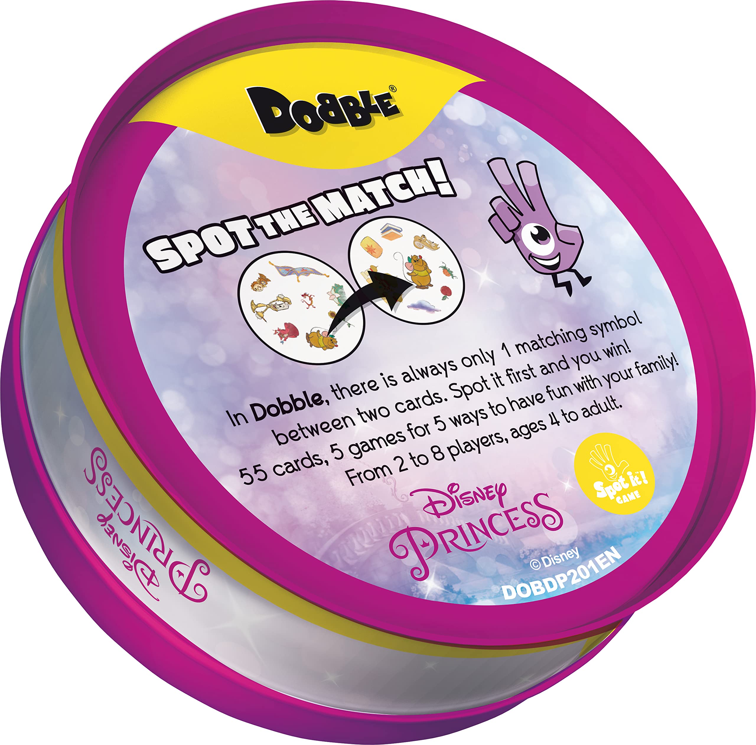 Asmodee Dobble Disney Princess compact packaging supports on-the-go gaming.