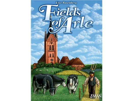 Asmodee Fields of Arle board game cover showing pastoral farming setup for family game night