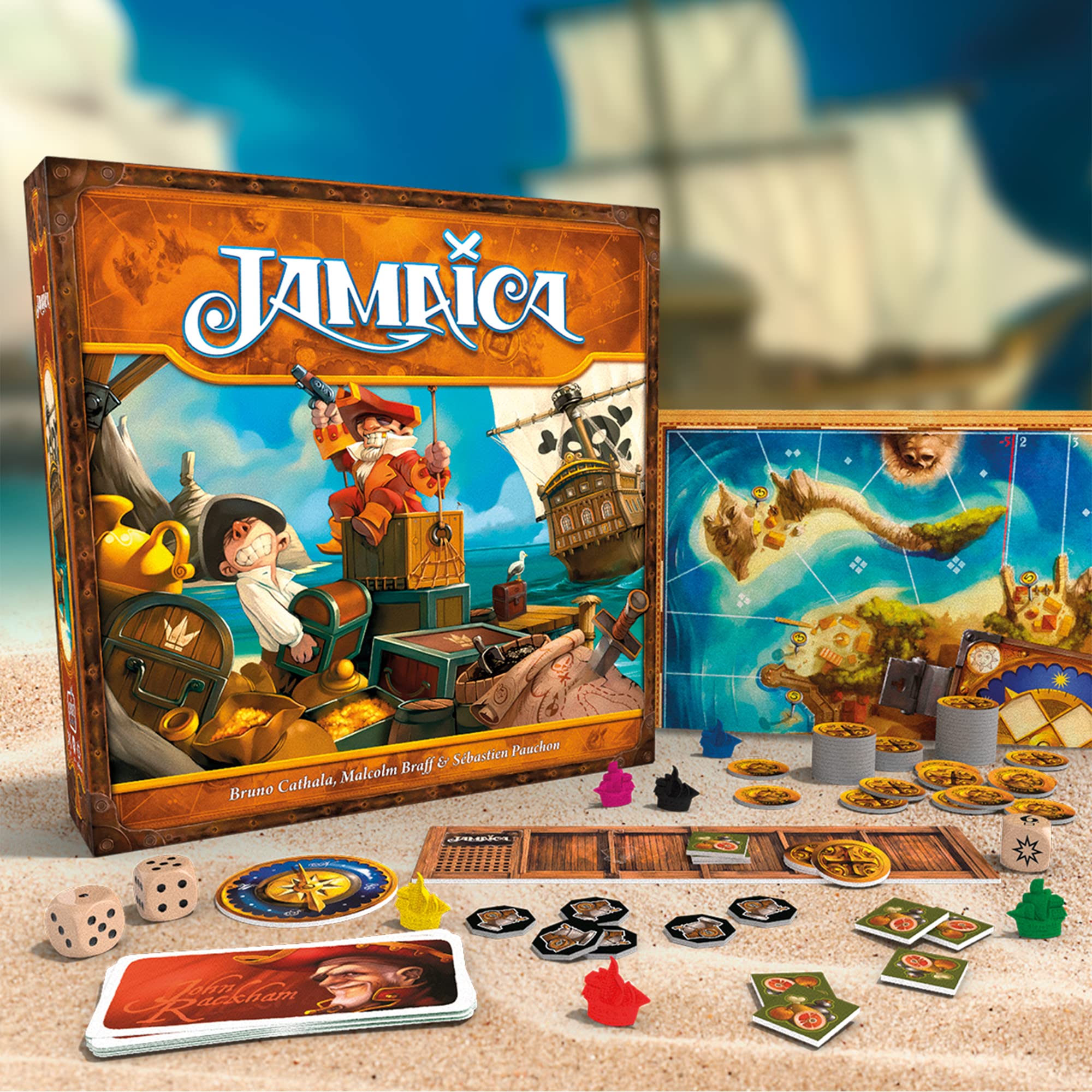 Asmodee Jamaica game board and components showcase colorful gameplay.