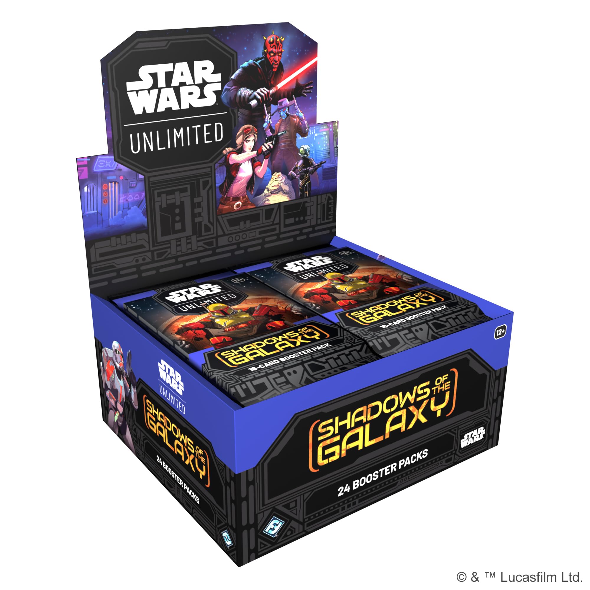 Asmodee Star Wars Unlimited Shadows of the Galaxy booster display front view, expands your card collection