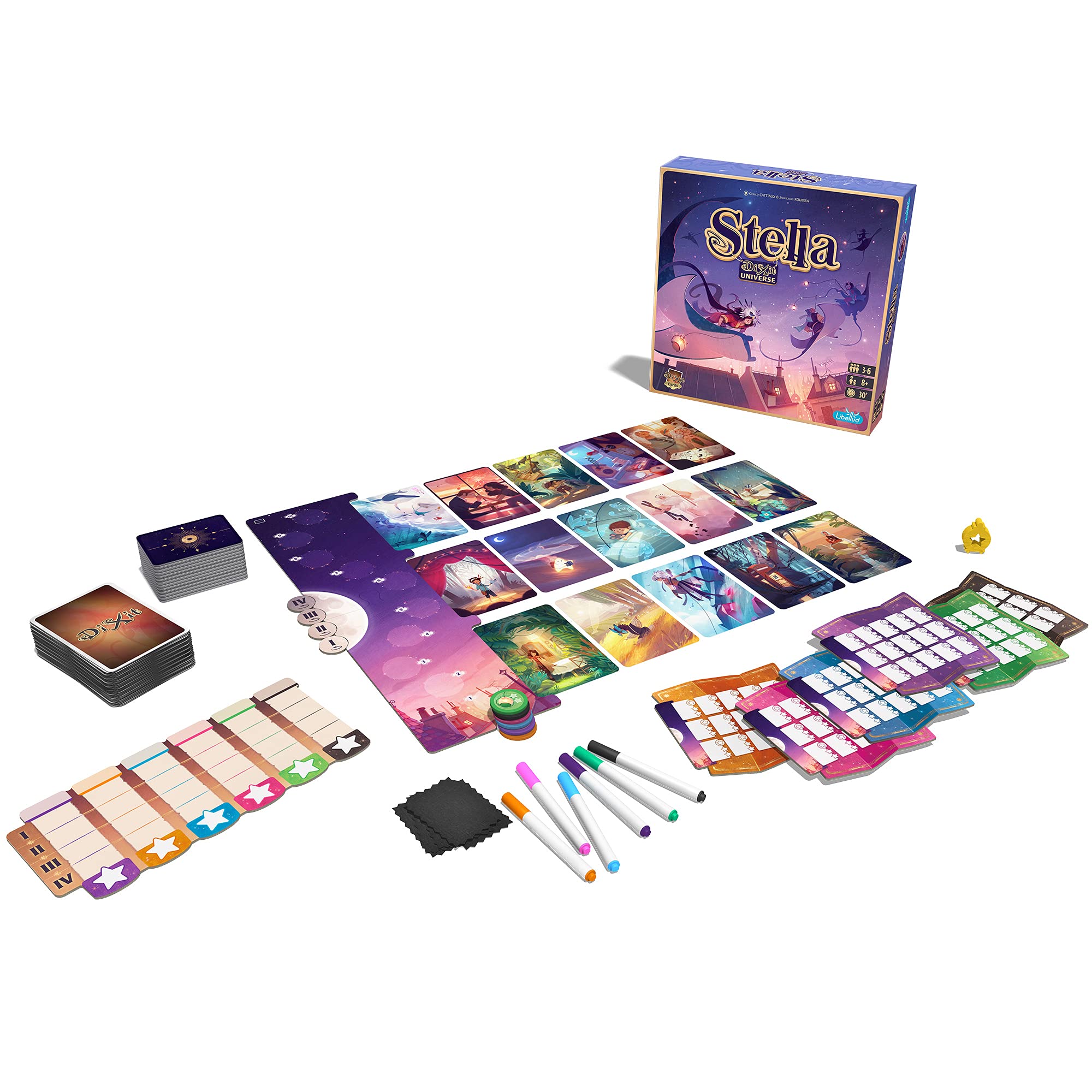 Asmodee Stella center board shows shared clues and round progression.