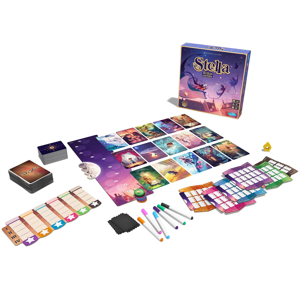 Asmodee Stella center board shows shared clues and round progression.