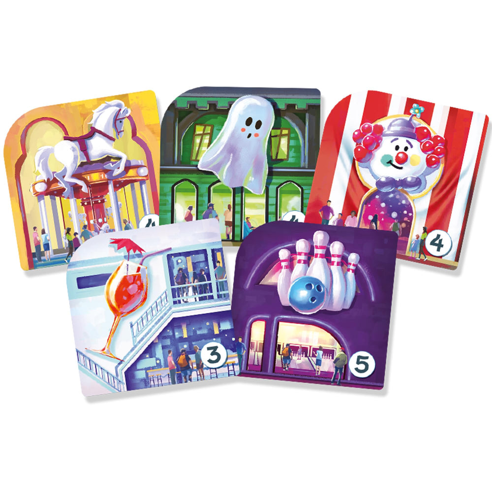 Asmodee Waterfall Park attraction cards laid out for negotiation planning.
