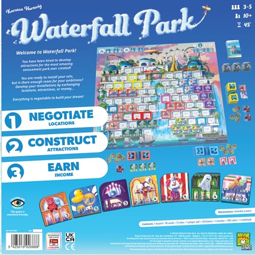 Asmodee Waterfall Park tower pieces ready for vertical park building.