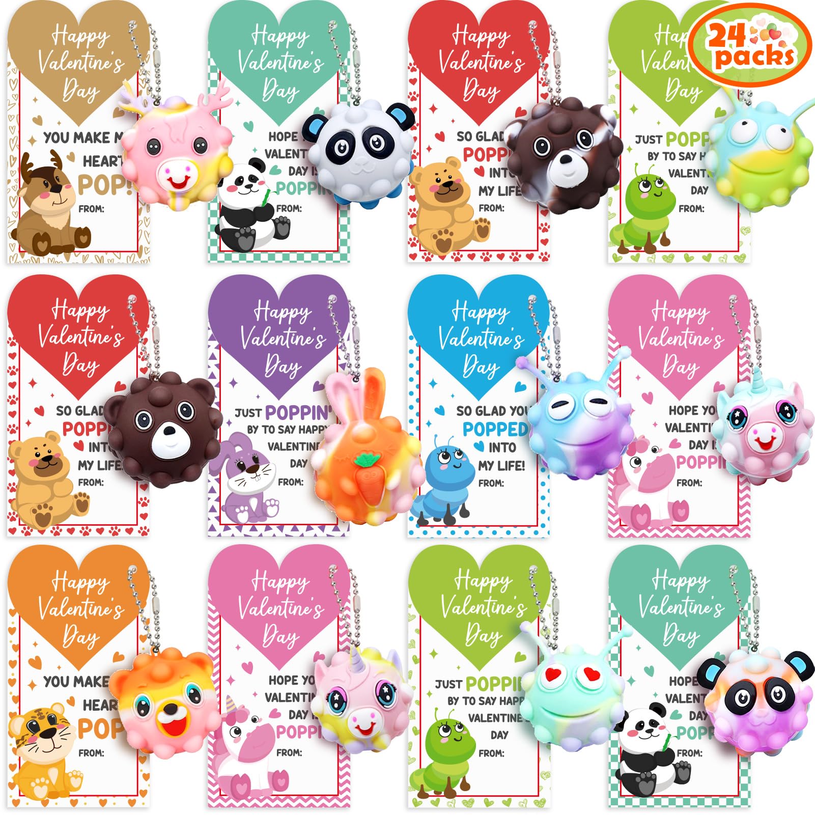 Asoulin 3D animal pop fidget toy with valentines cards for classroom gifts
