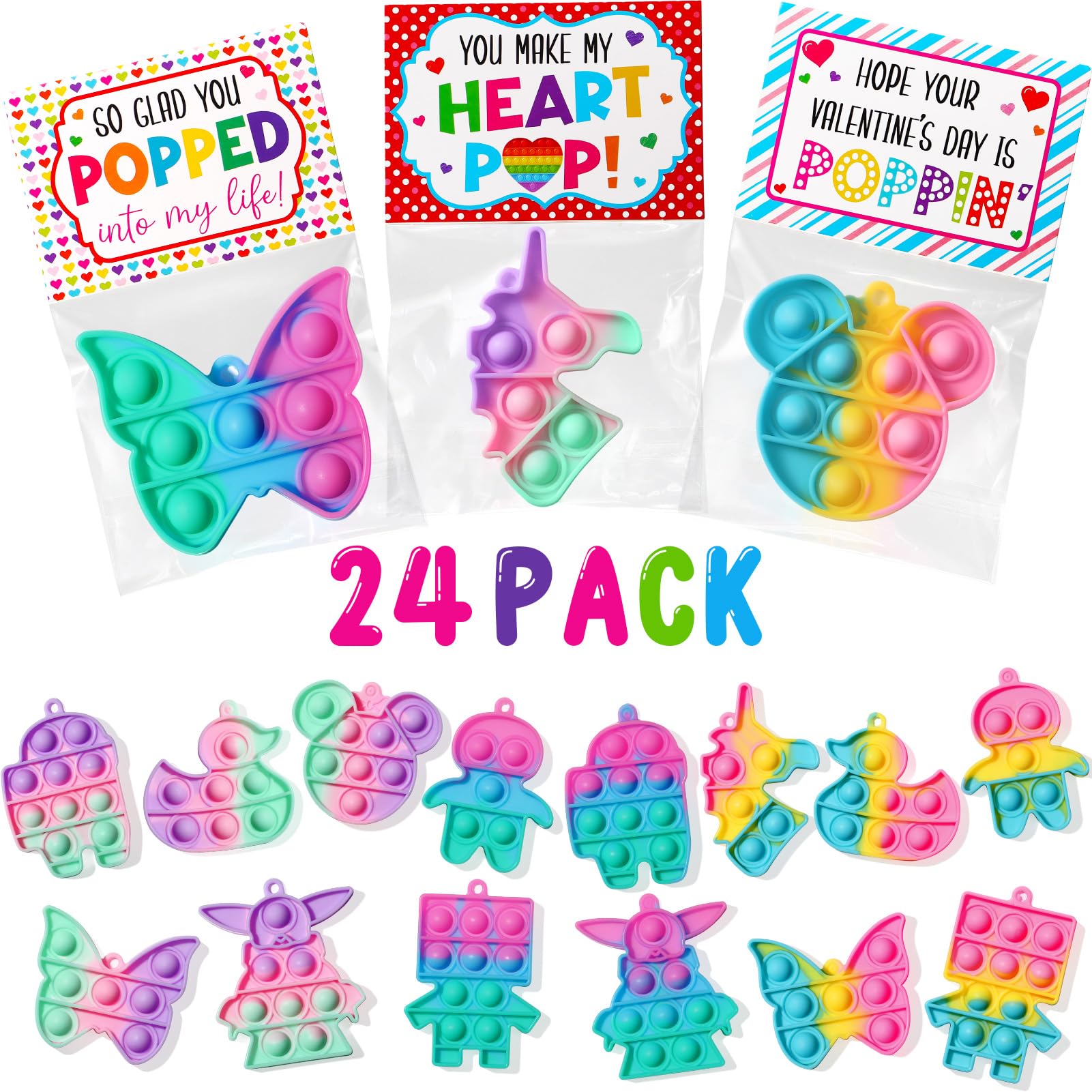 Asoulin unicorn pop fidget keychain on backpack, portable sensory toy for kids.