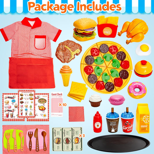 Assorty play food pizza and steak for tasty pretend meals and fine motor skills.