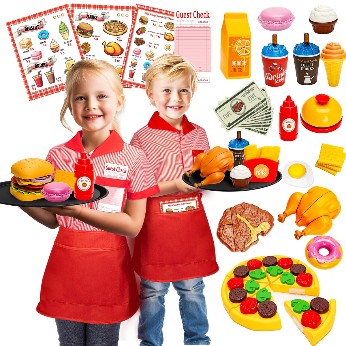 Assorty restaurant server set with apron and menu for creative role-play learning.