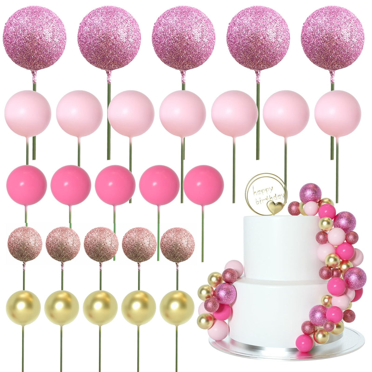 ASTARON pink glitter ball cake topper adds sparkle to cupcakes.