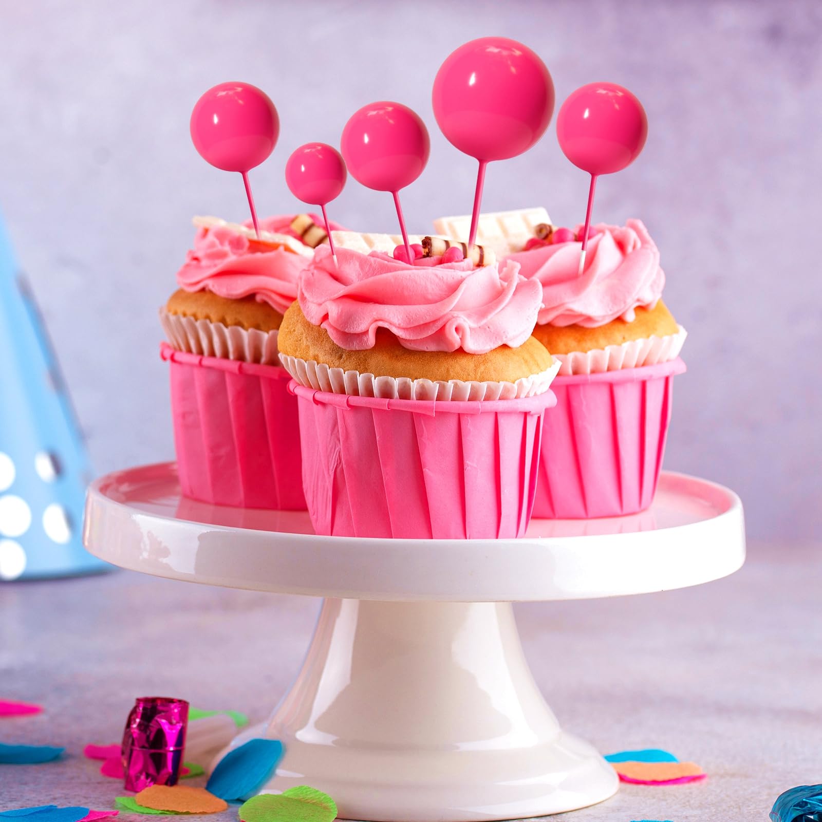 ASTARON hot pink ball cake topper dessert decor for cupcakes and fruits.