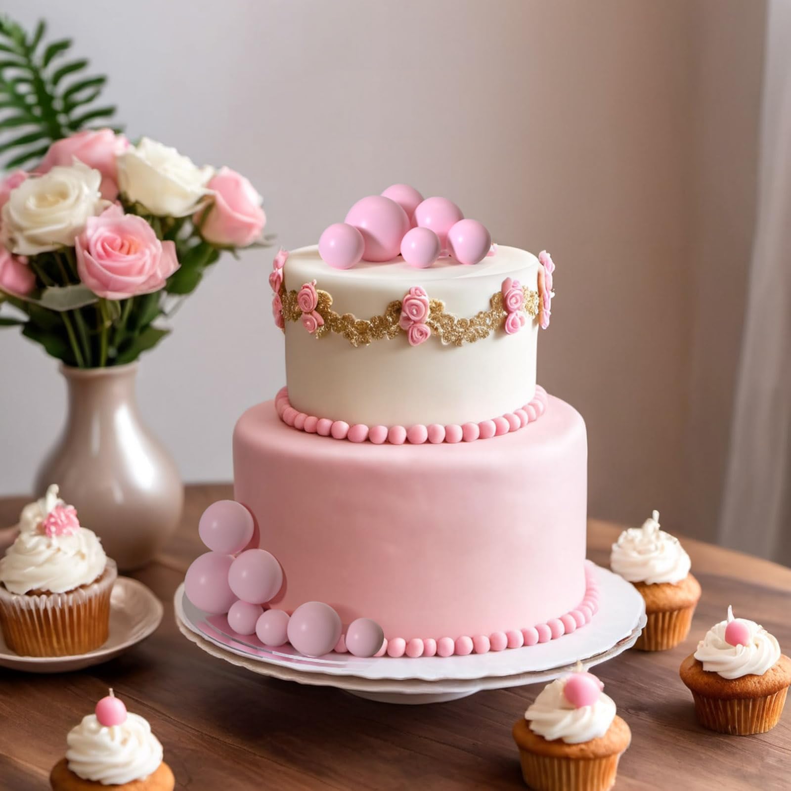ASTARON light pink ball topper on cake, quick decorative embellishment for celebrations.