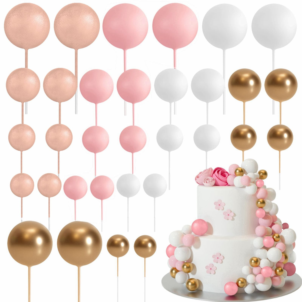 ASTARON rose gold ball toppers in 2cm size for elegant cake decoration.