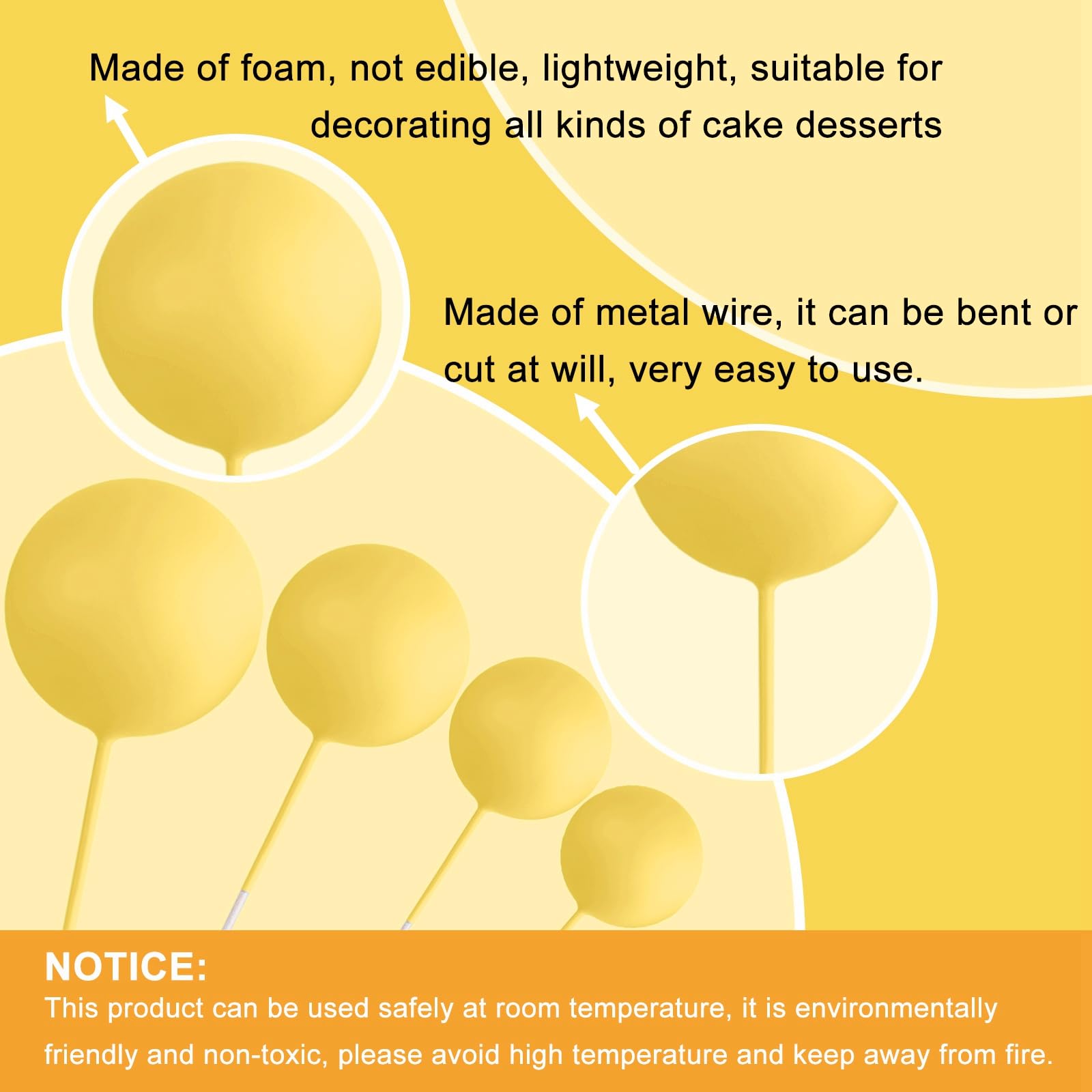 ASTARON yellow 1.18-inch ball cake topper stands out on cakes and cupcakes
