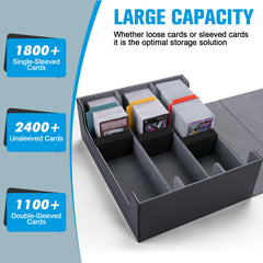 Astrell storage box open with dividers shows organized card storage.
