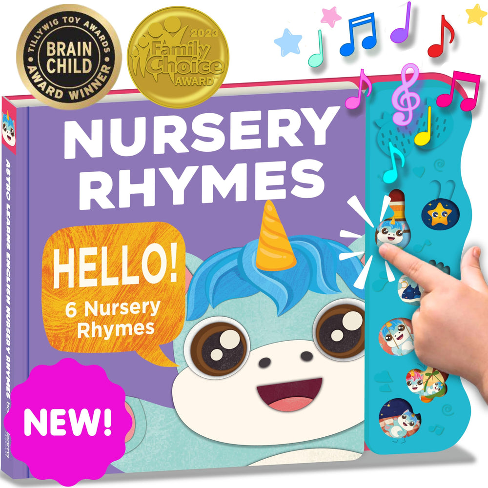 Astro Learns English nursery rhymes book cover inviting learning through music.