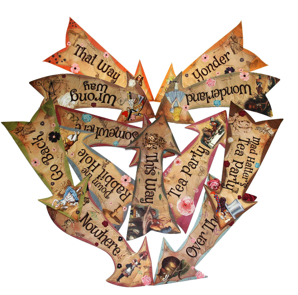 ASVP Shop Alice themed classroom arrow signs add visual interest and storytelling prompts.