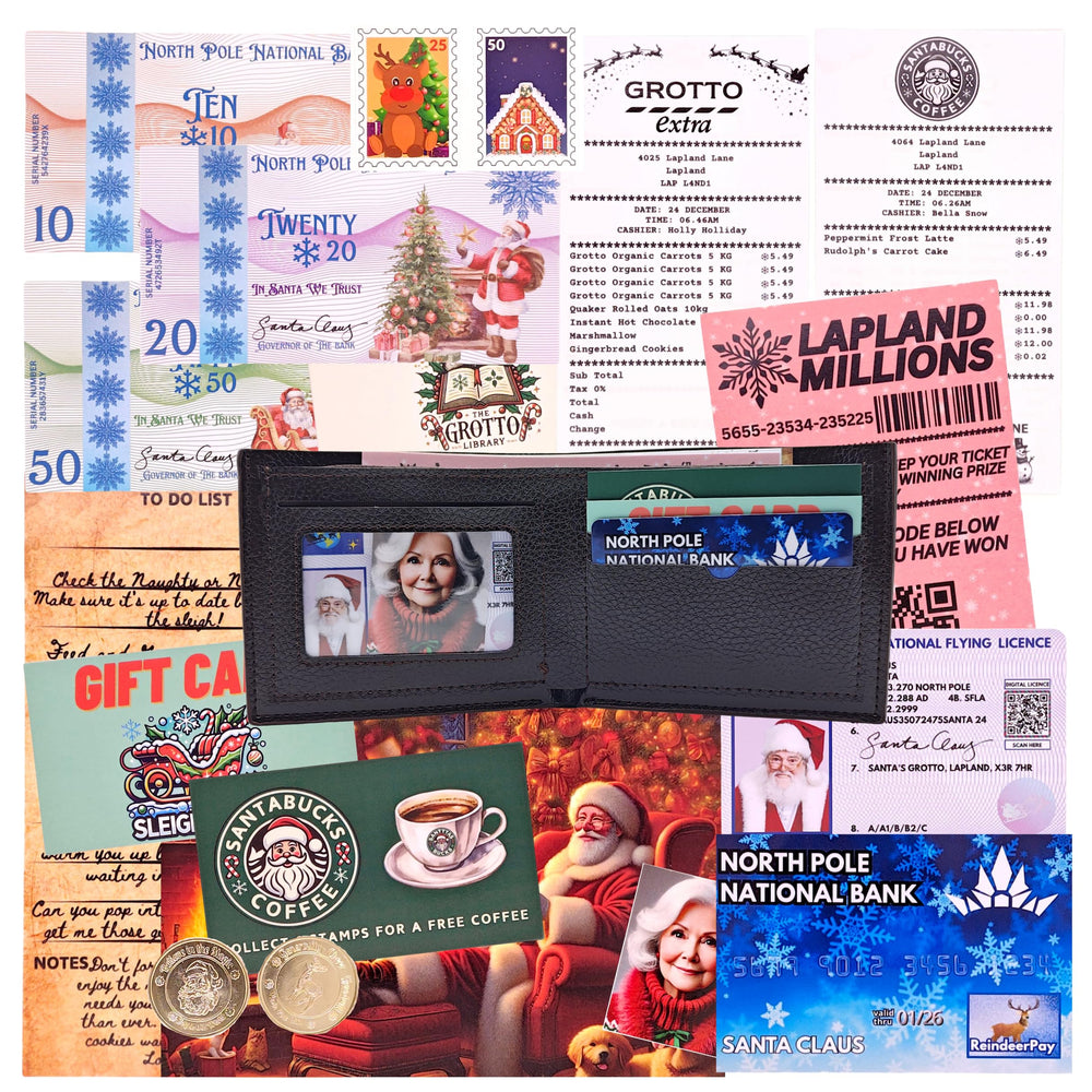 ASVP Shop Santa's Lost Wallet kit wallet inside demonstrates interactive Christmas morning moments.