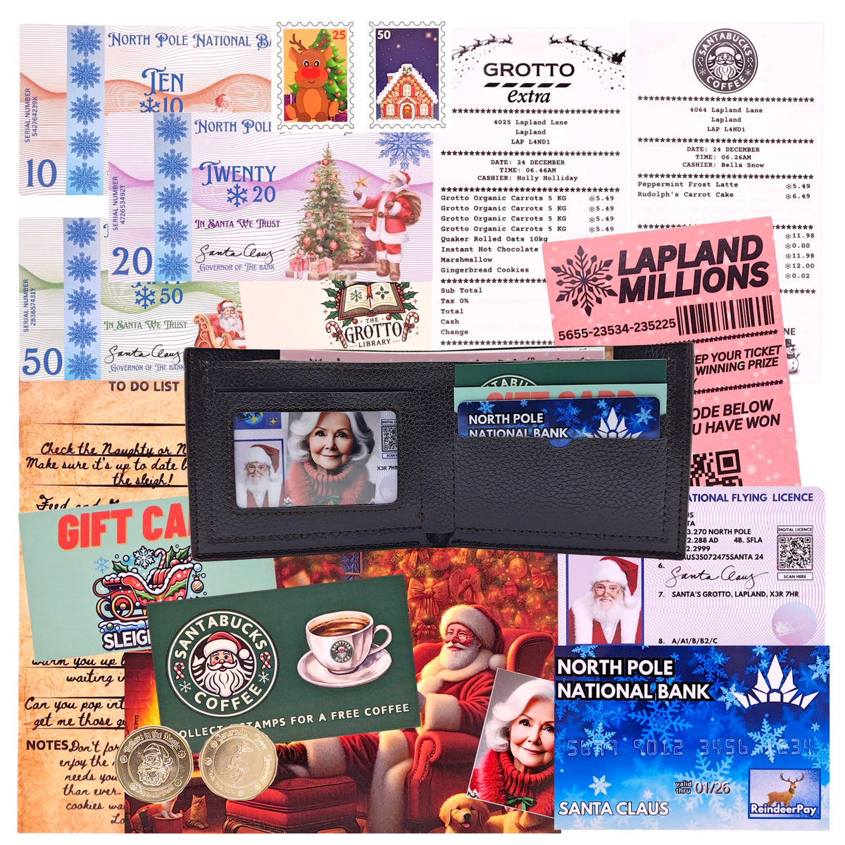 ASVP Shop Santa's Lost Wallet kit wallet inside demonstrates interactive Christmas morning moments.