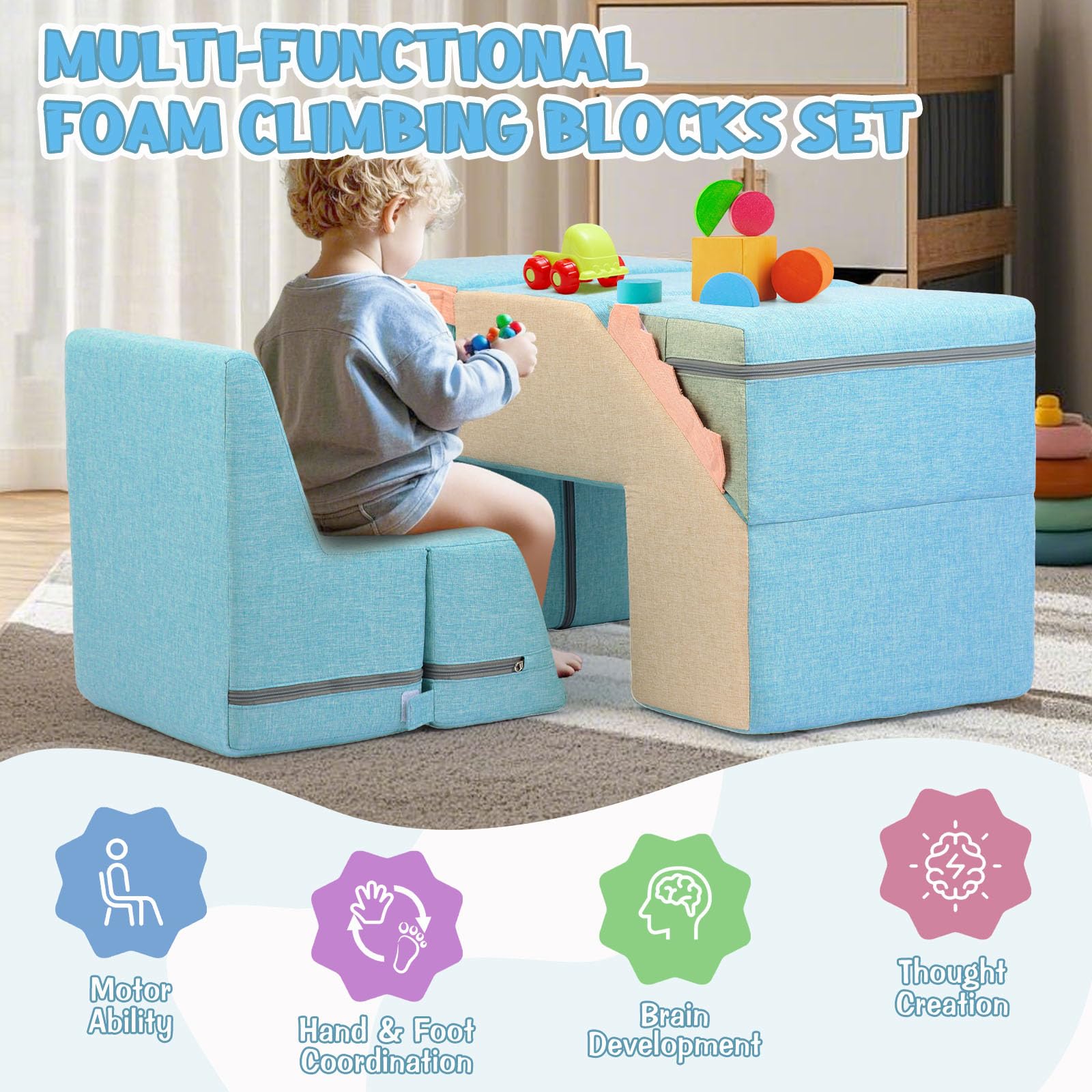 Asweets blocks help children build balance during indoor play experiences.