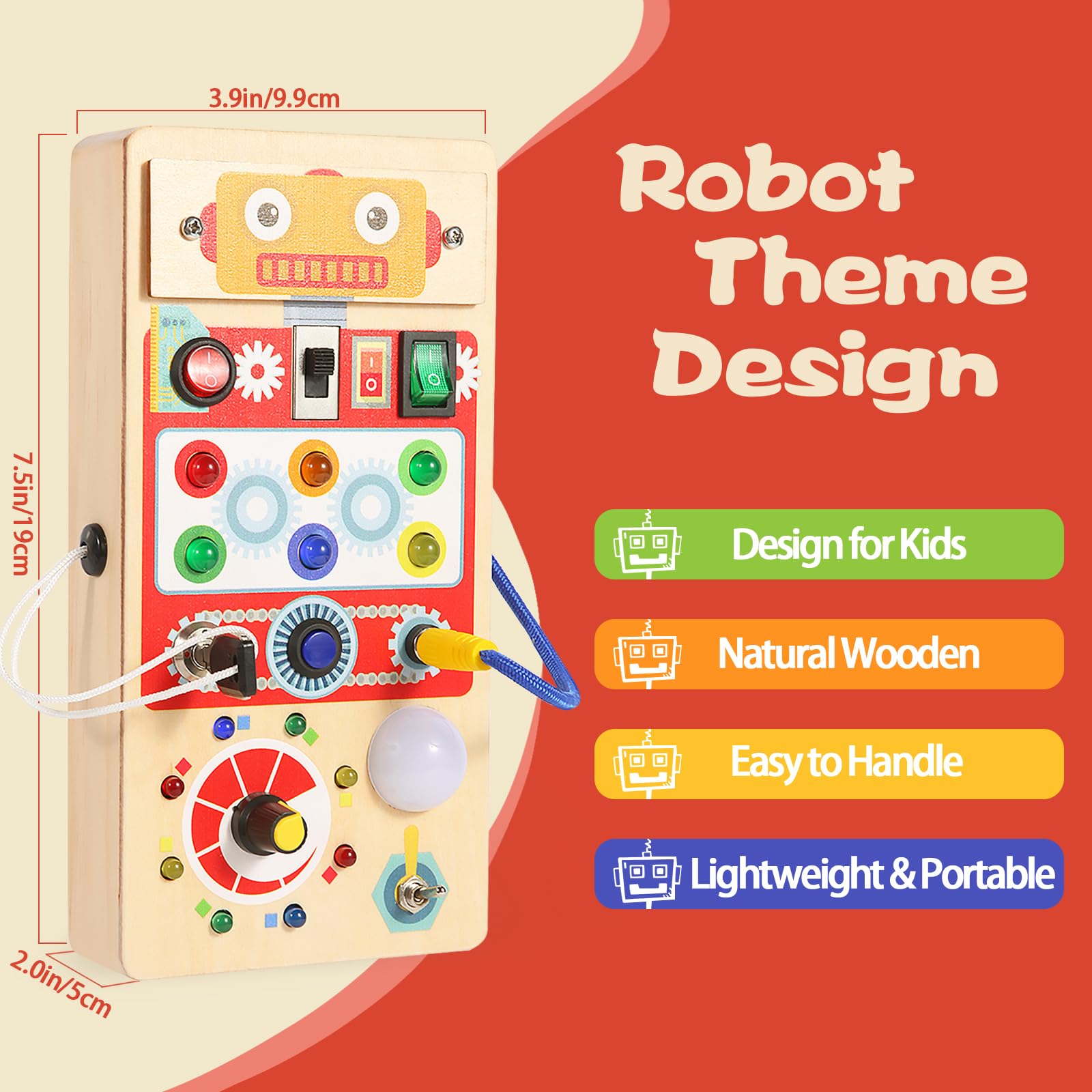 Asweets Busy Board LED Switches – close-up of eight switches and motor skills.