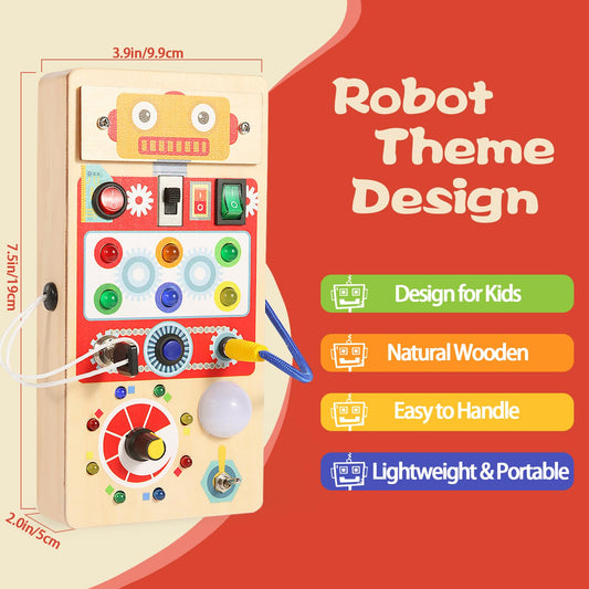 Asweets Busy Board LED Switches – close-up of eight switches and motor skills.