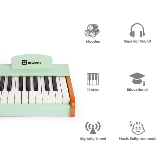 Asweets wooden piano keyboard closeup shows durable, non-toxic construction for daily play.