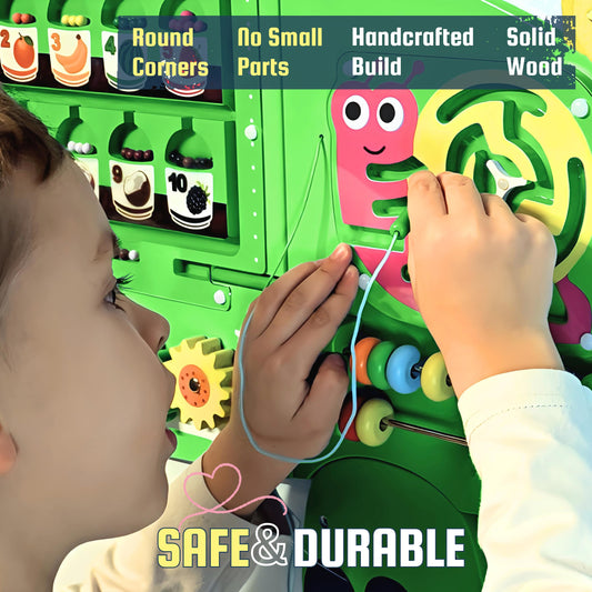 AthomBear dinosaur wall busy board clock promotes sequencing and time exploration.