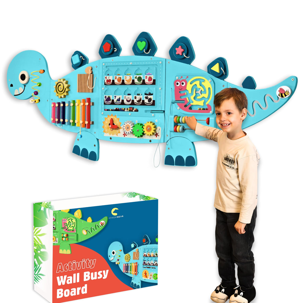 AthomBear Dinosaur wall busy board gears promote fine motor skills during play