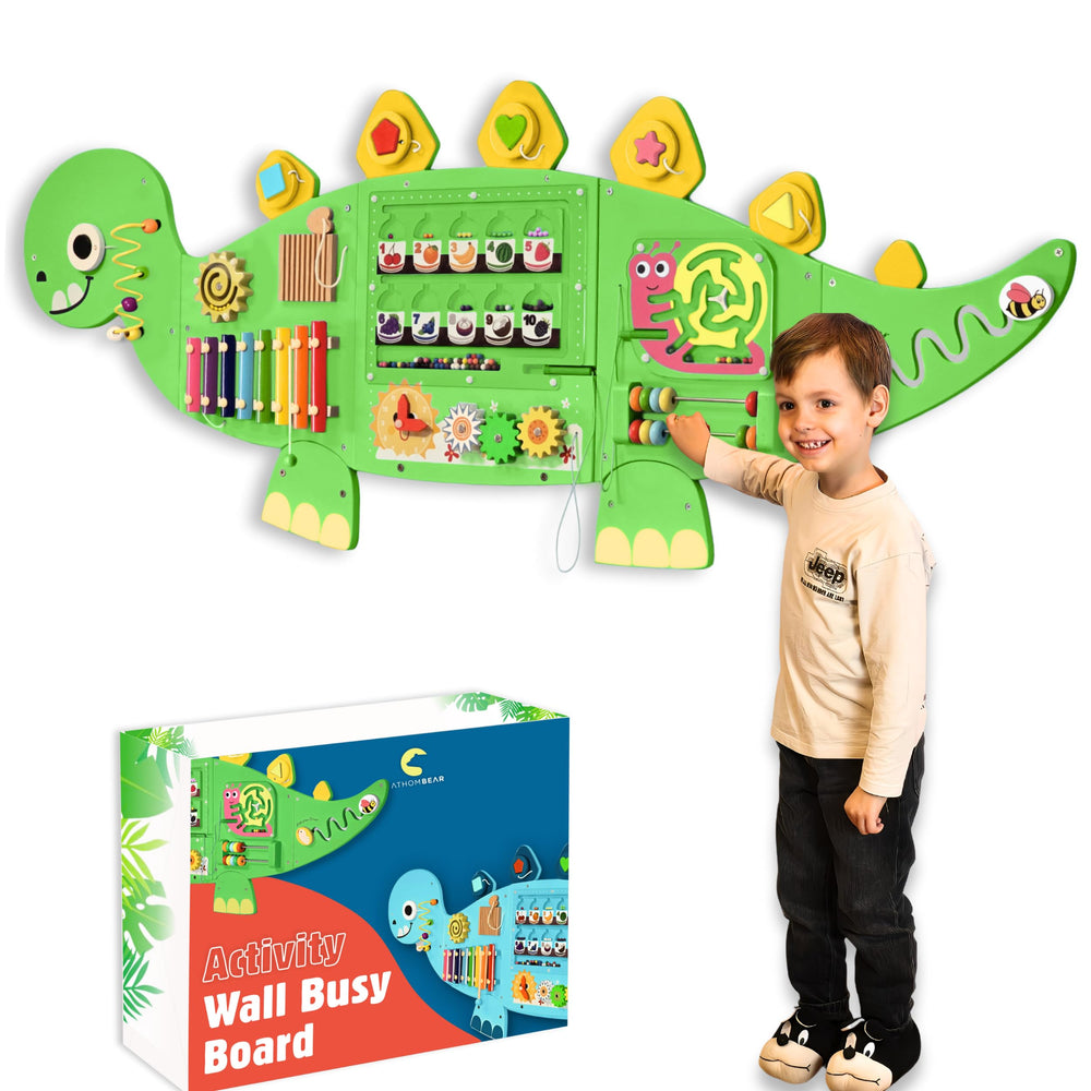 AthomBear dinosaur wall busy board gears supports fine motor play and problem solving.