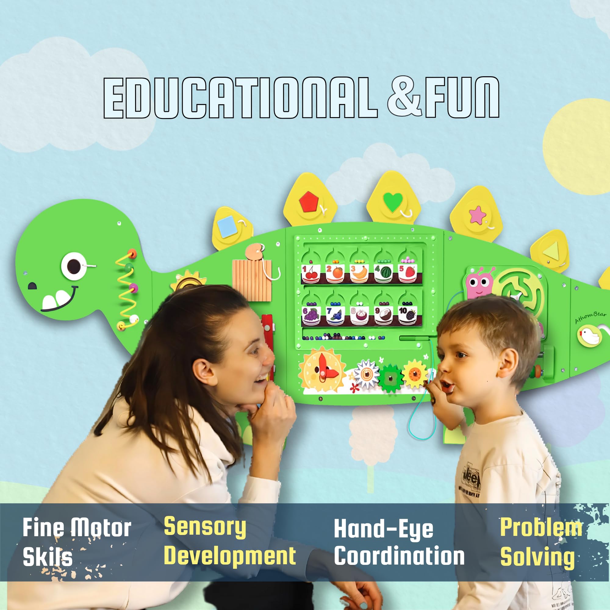 AthomBear dinosaur wall busy board magnetic mazes spark curiosity.