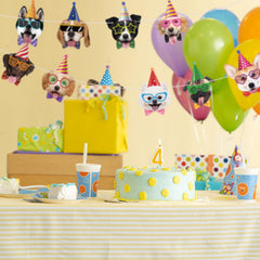 Atiloy dog birthday banner gift-table display elevates party presentation.