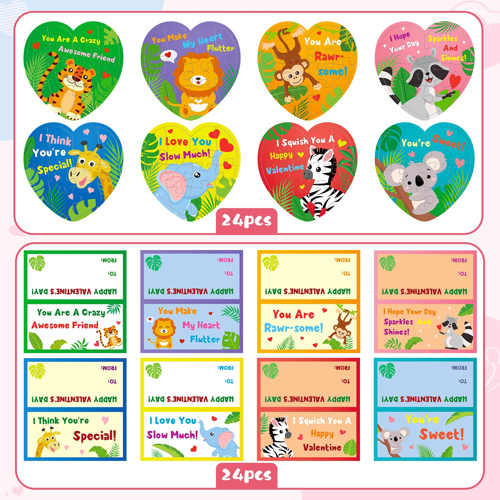 Atiloy heart puzzle cards for kids showing cute animals and titles to boost social sharing.