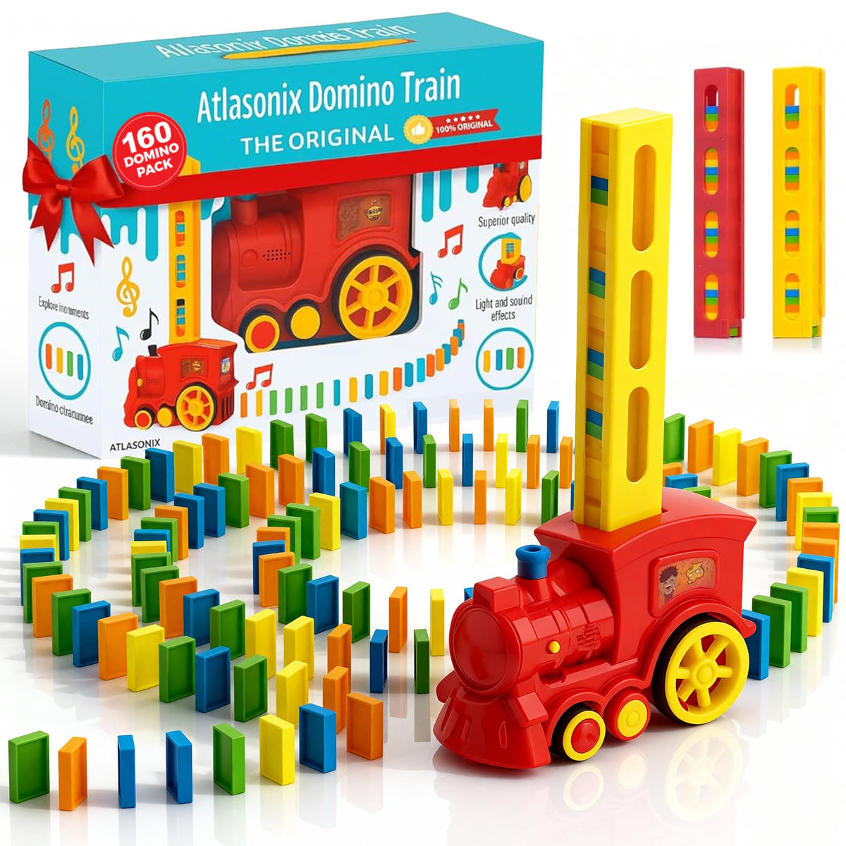 Atlasonix Domino Train box setup, colorful dominos ready for play.