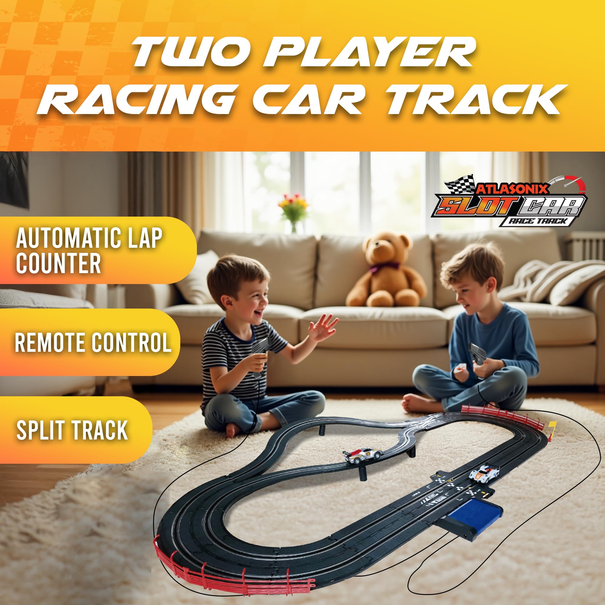 Atlasonix slot car track glowing headlights enhance realism during night play