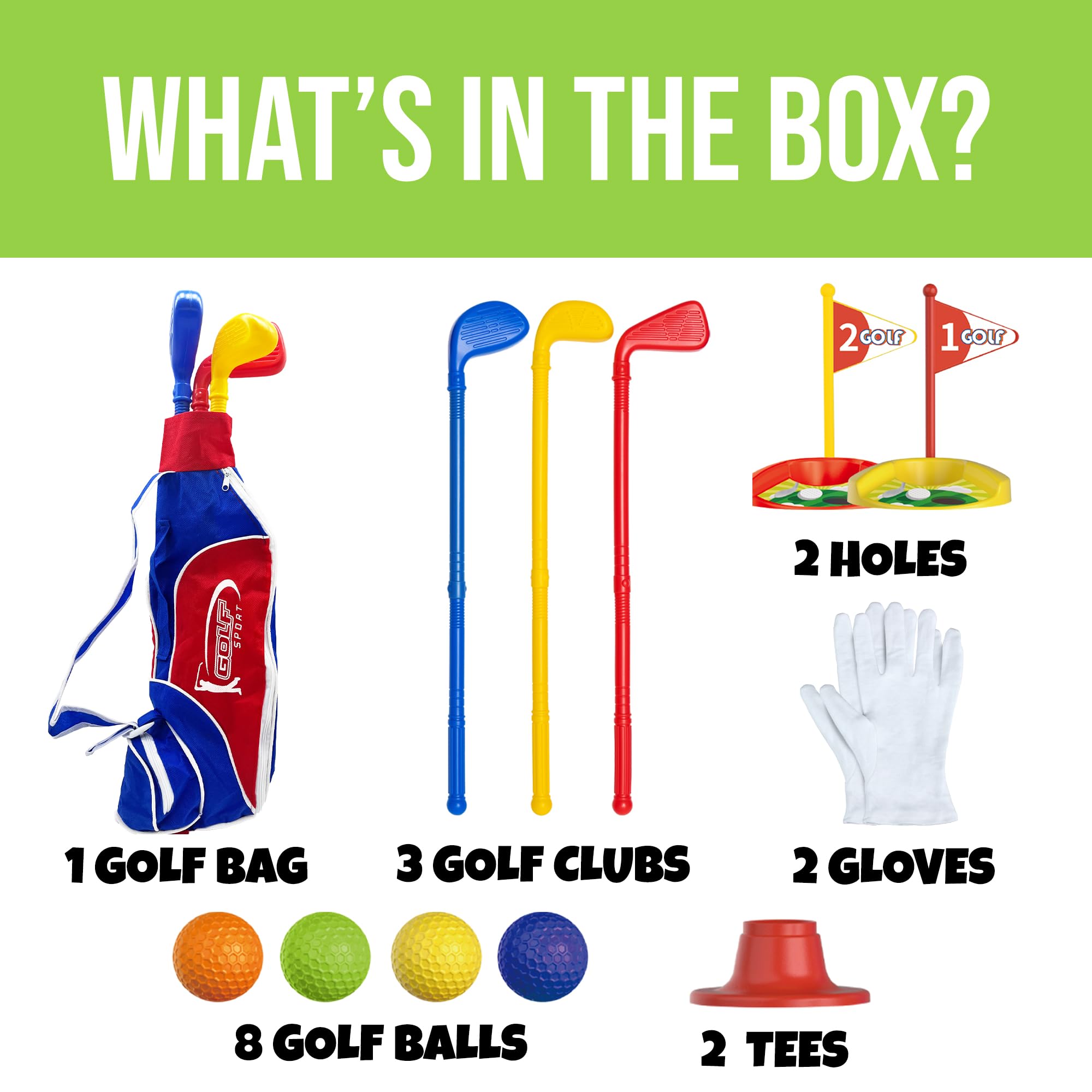Atlasonix toddler golf set colorful balls used for playful targets.