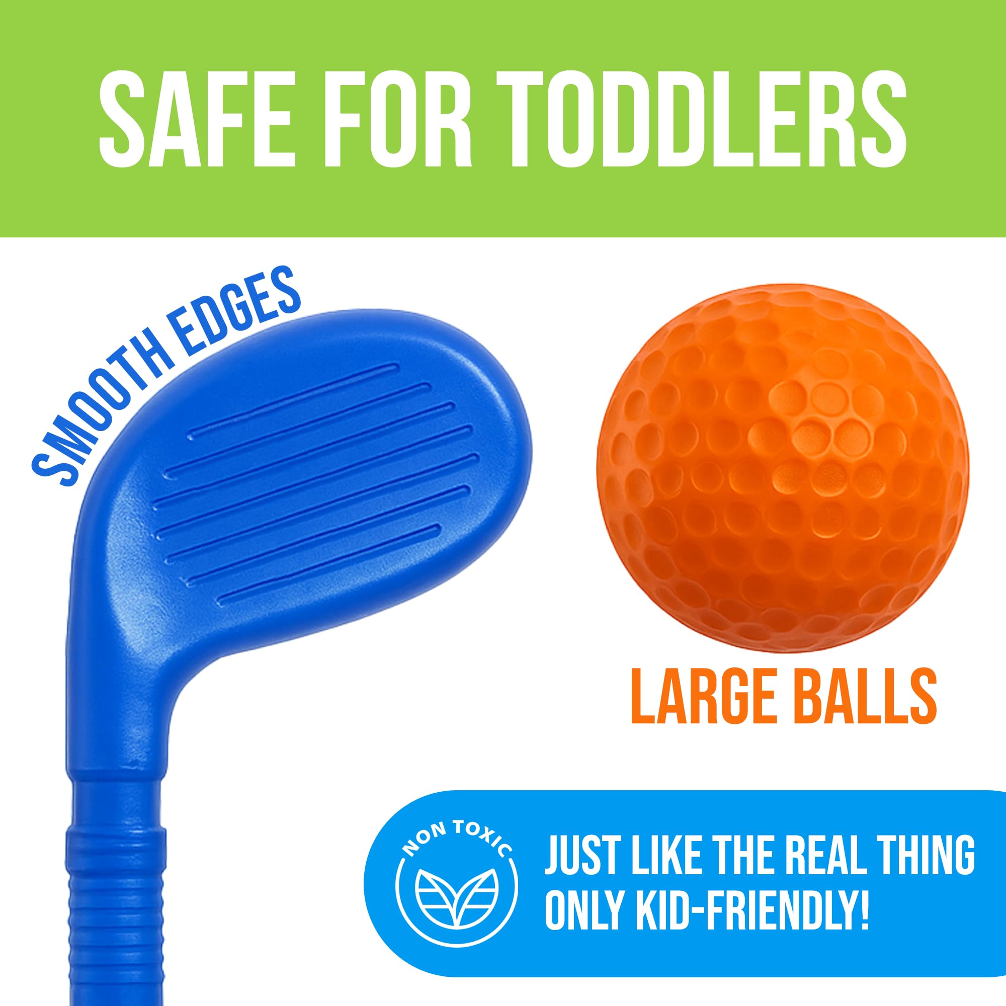 Atlasonix toddler golf set holes as approachable targets for toddlers.