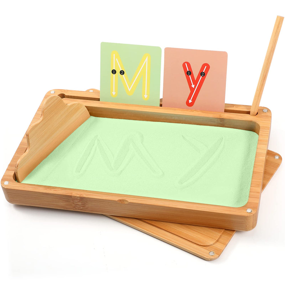 AtMini sand tray with green lid for neat classroom storage and easy setup