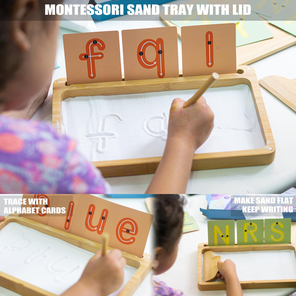 AtMini sand tray includes scraper, pen, and sand for tactile activities