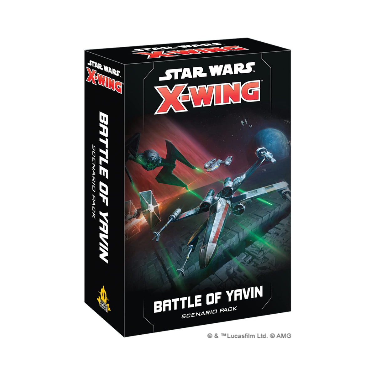 Atomic Mass Games Star Wars X-Wing Yavin trench run scenario pack for tense space battles.