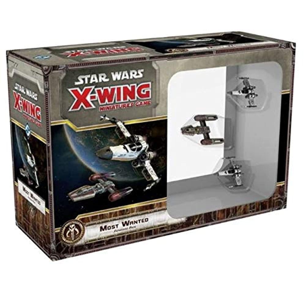 Atomic Mass Games X-Wing Most Wanted expansion box art highlighting Scum and Villainy themes.