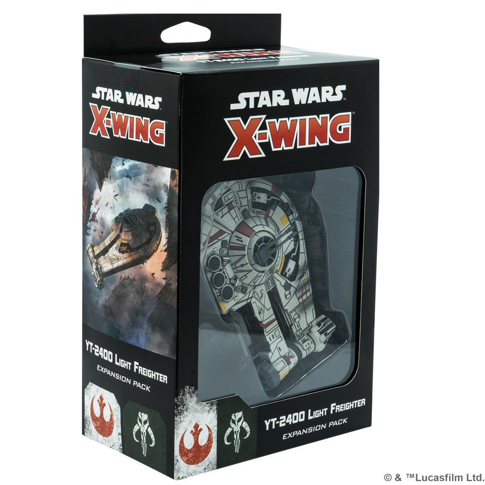 Atomic Mass Games YT-2400 light freighter front view, ready for exciting starfighter action.