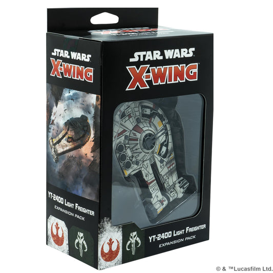 Atomic Mass Games YT-2400 light freighter front view, ready for exciting starfighter action.