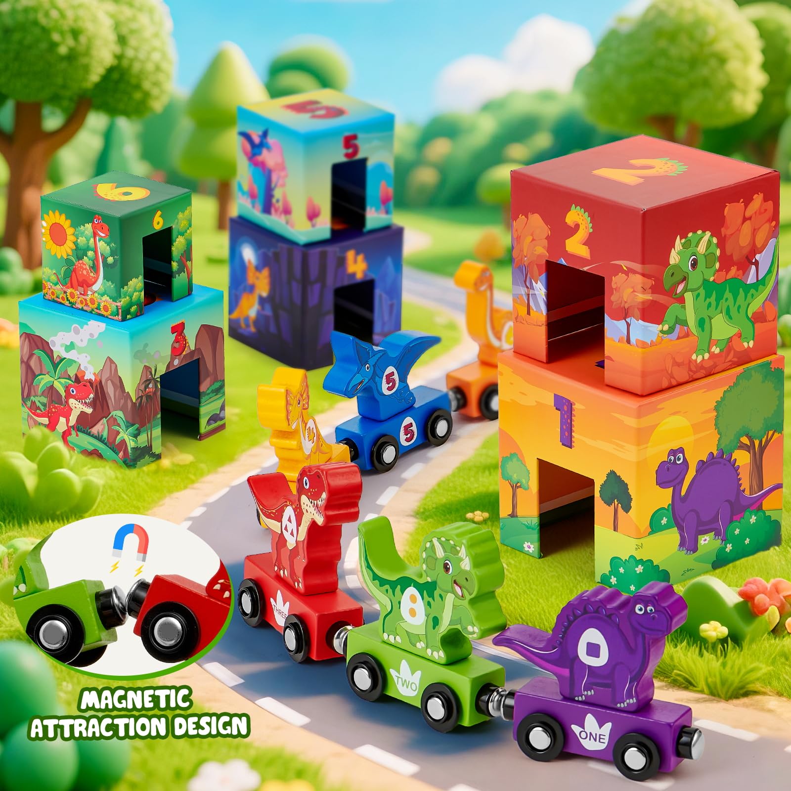 Atoylink nesting boxes display dinosaur scenes, aiding storage and color recognition.