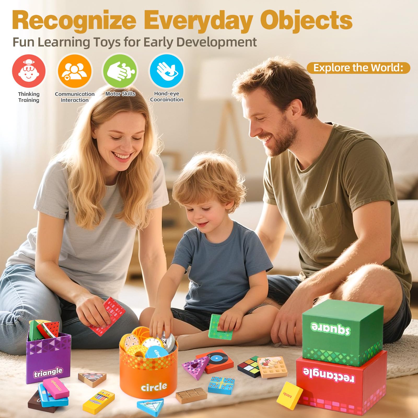Atoylink Shape Sorter wooden blocks showing sturdy natural wood textures for immersive play