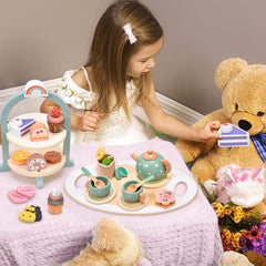 Atoylink wooden teapot and tray set encourages role-play and fine motor skills.